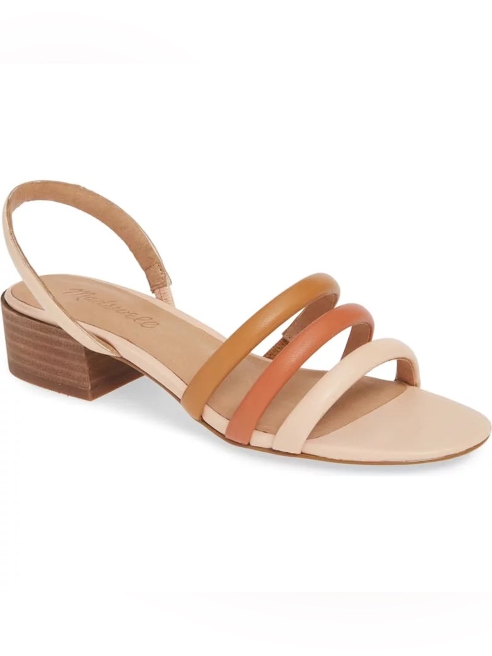 Madewell Three-Strap Block Heel Sandal in Blush, Tan, and Orange